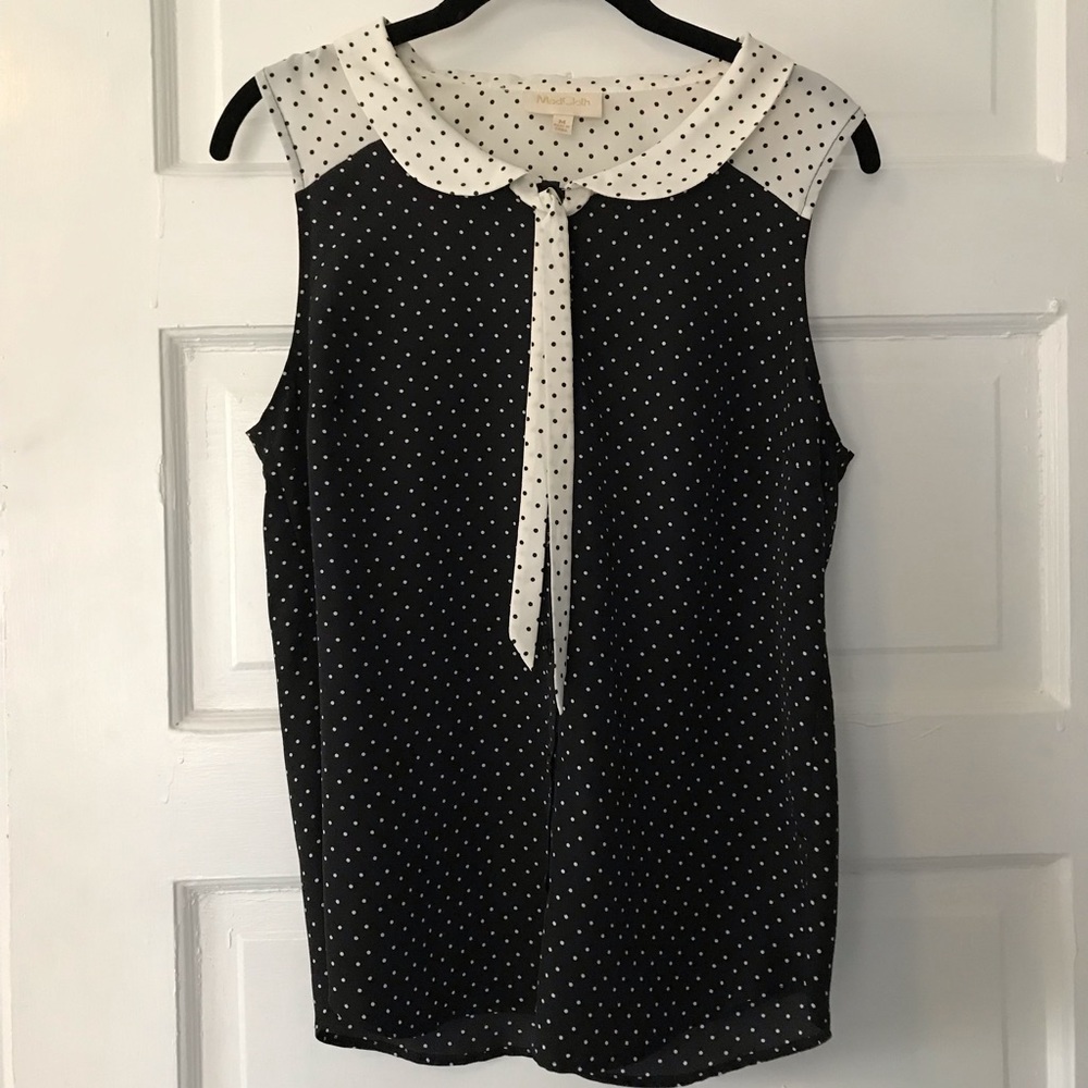 ModCloth Pussy Bow Polka Bot B&W Sleeveless Top M